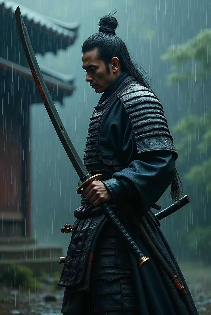 Realistic samurai taking katana out of its sheath in the rain cinematic realistic detailed 4k