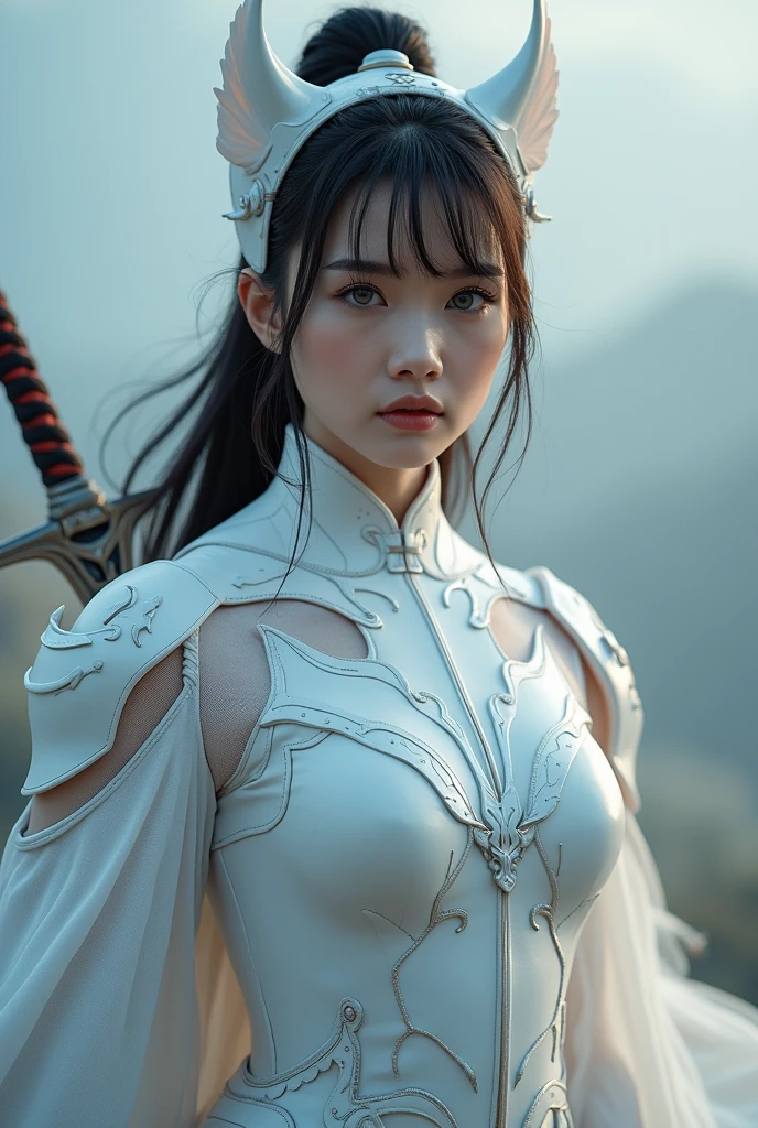 superhero, modern super hero costume, white bat costume, style like a blackbat suit, with a Chinese sword, Beautiful Chinese woman, 20 years old, Chinese woman with bang, with blue eyes, courageous character, Kind, Brave, determination, on the battlefield, atmospheric perspective, Motion blur, 8k, super detailing, Best quality, uhd, high detail