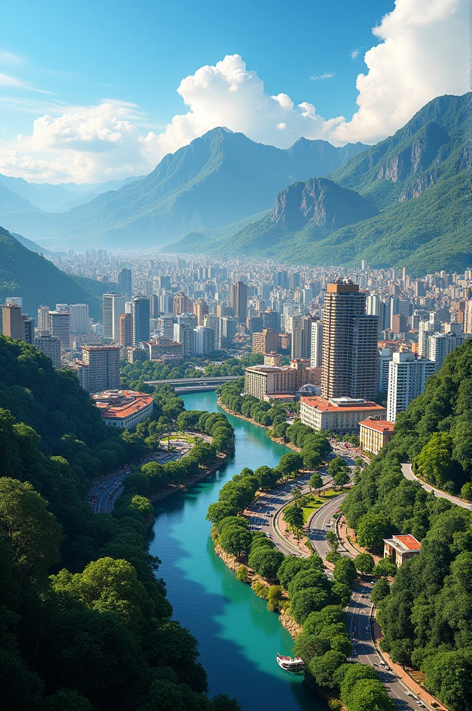 "Create a detailed image of the city of Medellín, Colombia. The scene should feature the Aburrá Valley with the surrounding mountains, a mix of modern and traditional architecture, and vibrant green areas. The weather is sunny with a clear blue sky. Include iconic landmarks like the Metrocable, Plaza Botero with Fernando Botero's sculptures, and the Medellín River. The image should capture the lively and colorful atmosphere of the city, reflecting its unique blend of urban and natural elements."