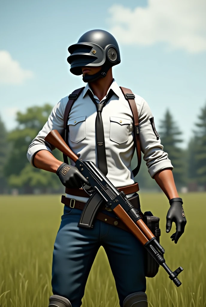 PUBG, Man with white shirt and red tie, Navy Blue Jean Pants with Combat Knee Pads, black military cargo bag, posing pointing his gun, in open meadow, (((Black level 3 helmet with dark visor covering the eyes))), armed with AK47, in pitched battle, all the dirty clothes.