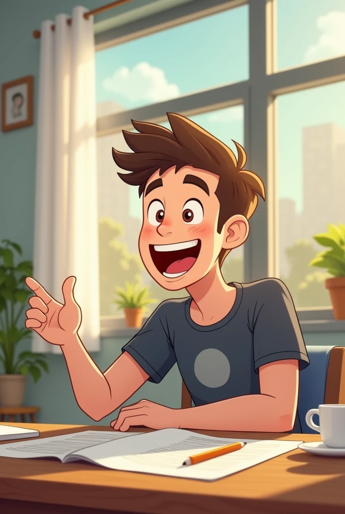 Animated young man waves goodbye to his friend while smiling and continuing to work on his list.