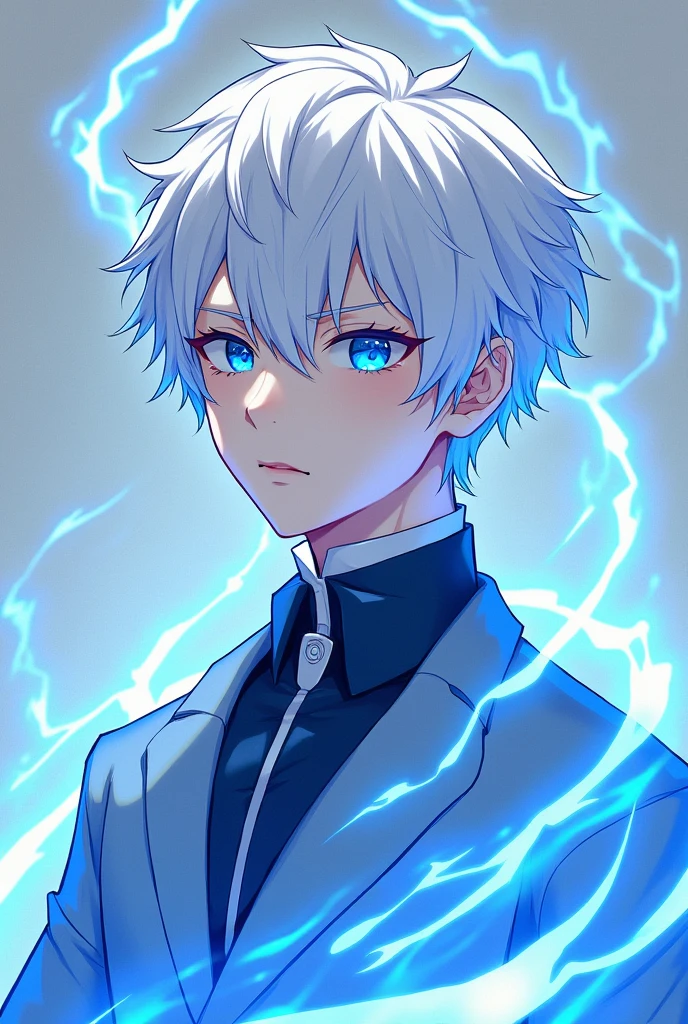 アニメ, Young man, White hair, blue colored eyes,blue and white electric aura 