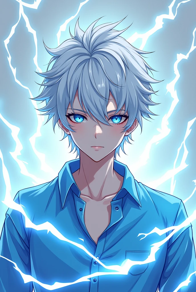 アニメ, Young man, White hair, blue colored eyes,blue and white electric aura 