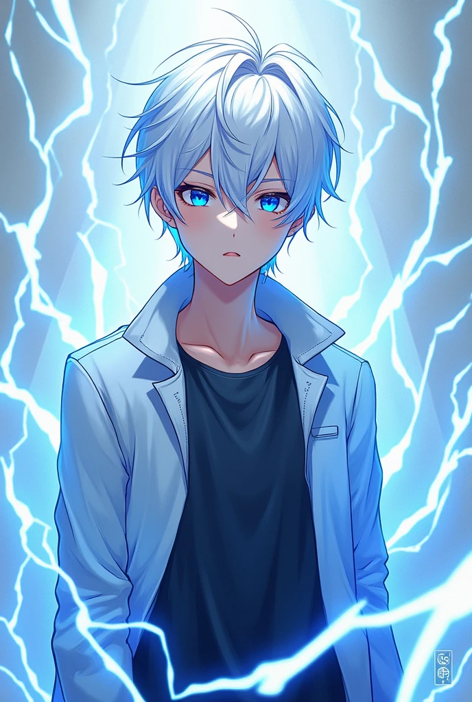 アニメ, Young man, White hair, blue colored eyes,blue and white electric aura