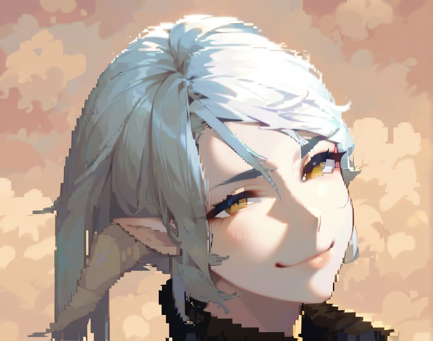 Hide your ears, Ears are horns, Long horn, Hide your ears, masterpiece, Highest quality, 8k, Pixel art, Pixel art, Vivid, Wink, young woman, smile, cute, Turns at an angle, Fluffy hair, Long Hair, Hair like sheep's hair, White Hair, eyebrow, 太いeyebrow,