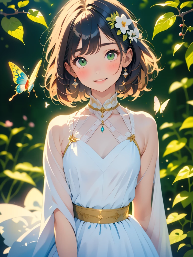 (masterpiece, Highest quality, Highest quality, Beautiful and beautiful:1.2), Excellent anatomy, (Watercolor painting 1.5), Long Shot, Straight short hair picture, Trendy Hair Color, Beautiful smile, Fairy, Butterfly Fairy costume, Pure white , Pure, charm, Colorful flowers of various colors, Flowers and green leaves wind, Botanical Art, Mr.A pose,