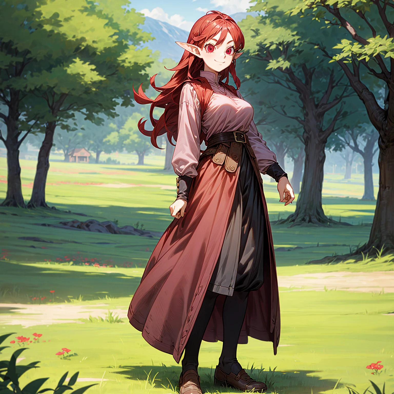 Solo character, full body version, old girl, (elf), red eyes, red color hair, long hair, undercut hair, pink shirt clothing, brown skirt, shoes, outdoor, field, Greenland, medieval, standing gesture, detailed background, detailed clothing, detailed hair, (black clover style art, dragon ball style art), happy, smile mouth, big breast, 