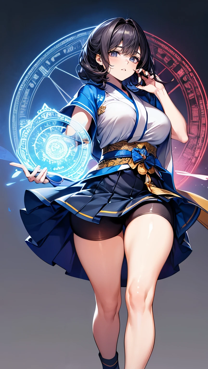 (Very delicate and beautiful:1.2)super model,,Beautiful breasts,voluptuous,【bike shorts】,,【3girls】,,Highest quality, High resolution, 8k,mini skirt,Japanese style,knife,Blue Flame.magic circle.