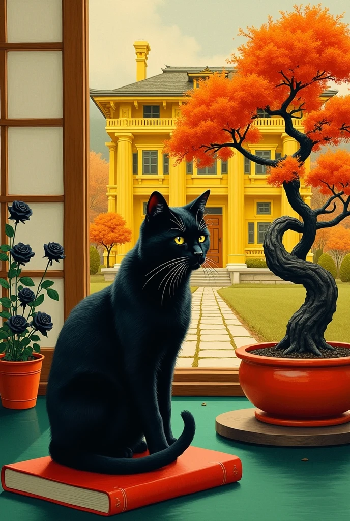 old Japanese painting, ((black cat sitting on a red book)), next to a small ((orange bonsai tree in an orange and red pot)), next to a ((vase with black roses)), all on one ((green table,)) in a room with large windows that reveal a ((intense yellow mansion)), intense cold colors presisa lines, Very detailed, the cat's anxious facial anxious expression is the most important thing