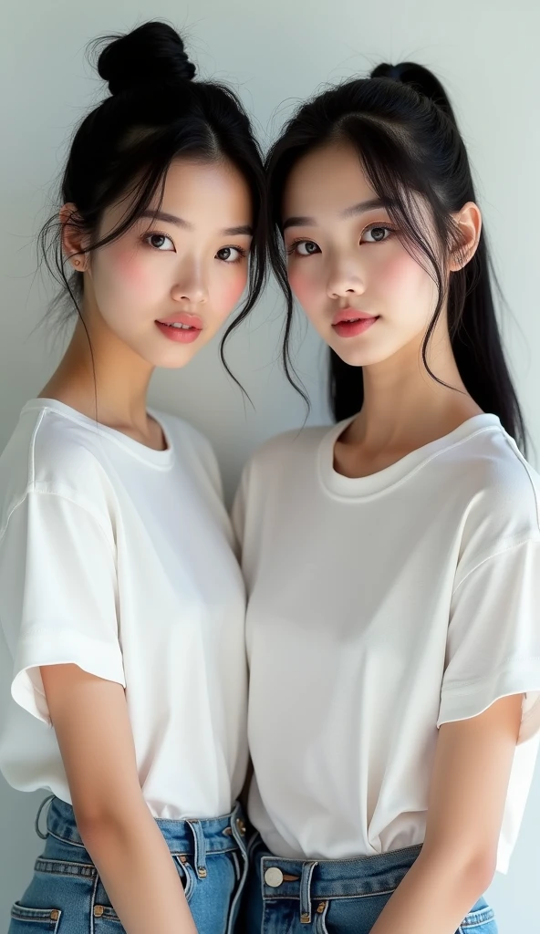 Very beautiful Japanese women, clear, Black Hair, ponytail, T-Shirts, jeans, Upper Body