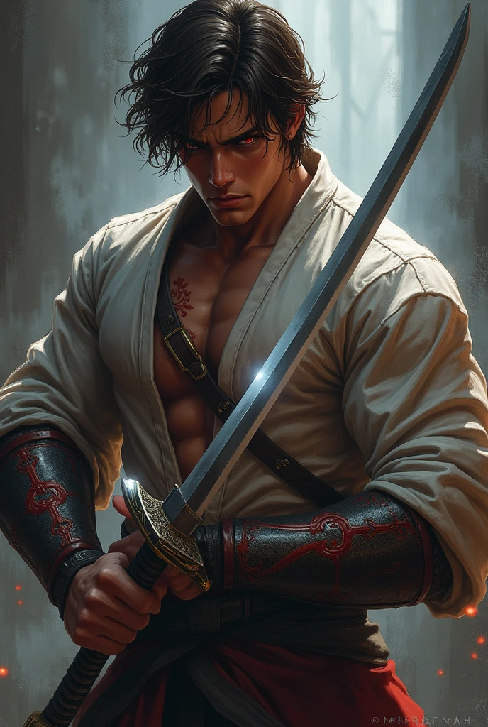 Dark-skinned, muscular boy with a white katana. A scar on his chest, brown hair. Deep red eyes with 