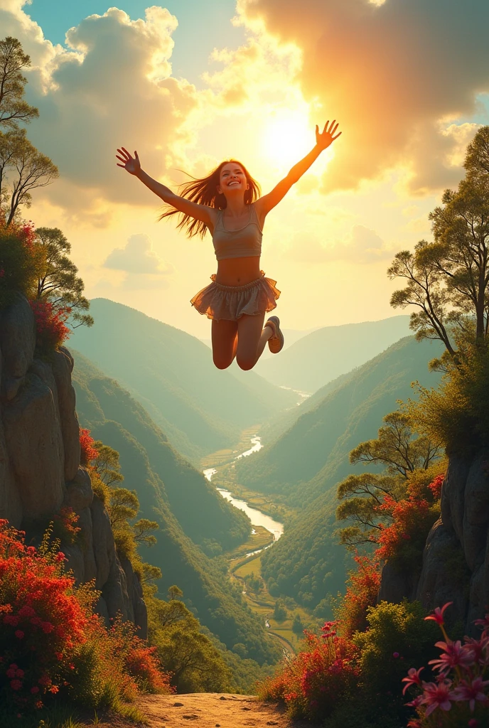 A joyful person taking a leap of faith over a cliff, fearlessly jumping into the unknown. Below, a beautiful, colorful landscape stretches out, symbolizing the excitement of taking risks and savoring life’s moments. The sky is filled with golden rays and light bursts, representing the energy of embracing life fully.