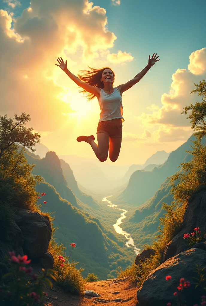 A joyful person taking a leap of faith over a cliff, fearlessly jumping into the unknown. Below, a beautiful, colorful landscape stretches out, symbolizing the excitement of taking risks and savoring life’s moments. The sky is filled with golden rays and light bursts, representing the energy of embracing life fully.