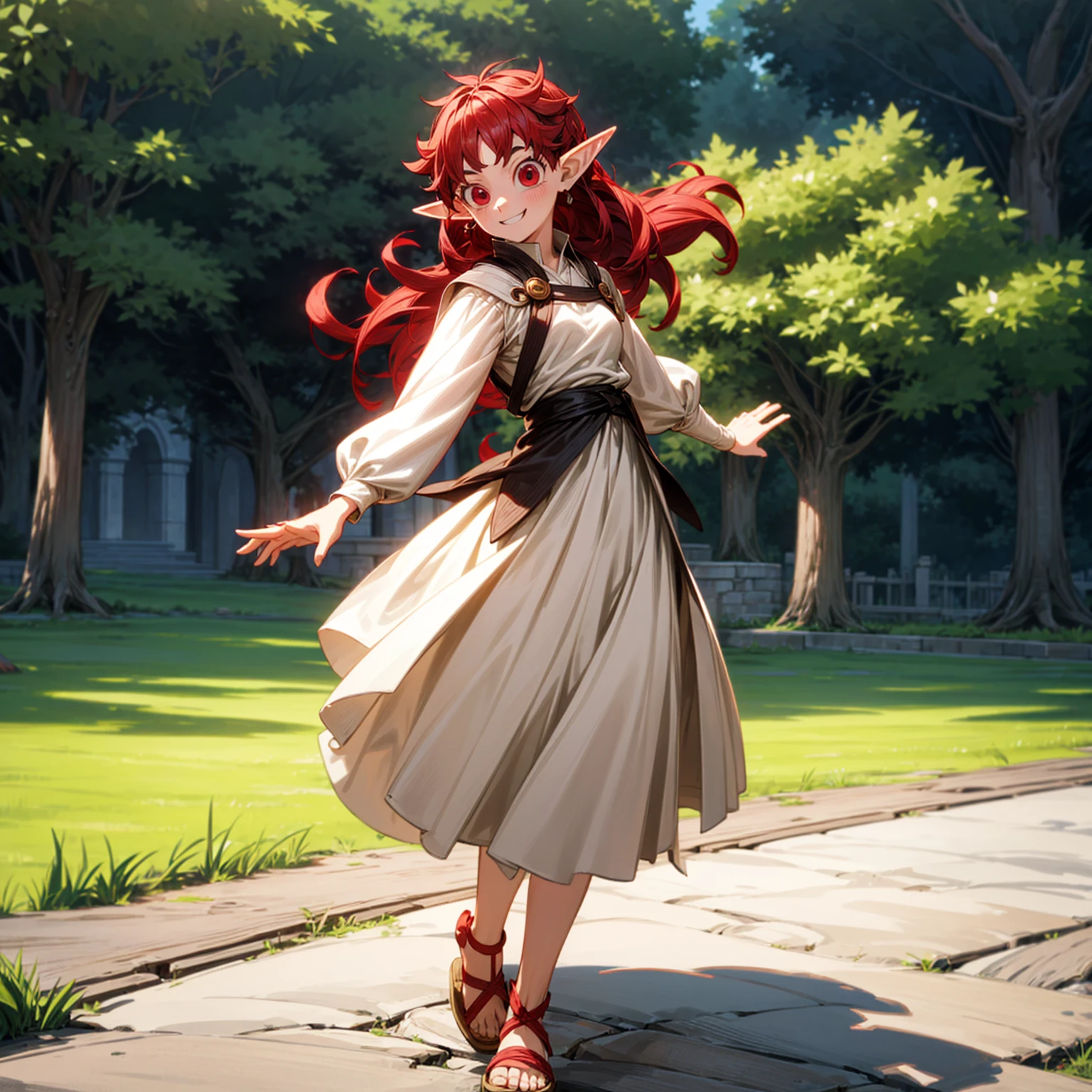 Solo character, full body version,  girl, (elf), red eyes, red color hair, long hair, undercut hair, white shirt clothing, brown skirt, sandals, outdoor, village, medieval, standing gesture, detailed background, detailed clothing, detailed hair, (black clover style art, dragon ball style art), happy, smile mouth 