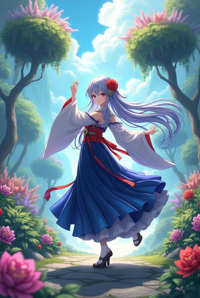 Magnificent View、Floating Island、Hanging Garden、Outdoor、Vision、anime、High definition、Miko costume、Dancing in a garden full of flowers、Silver Hair(Long Hair、The top of the head is indigo blue、The ends of the hair are red.)、Sapphire Eyes