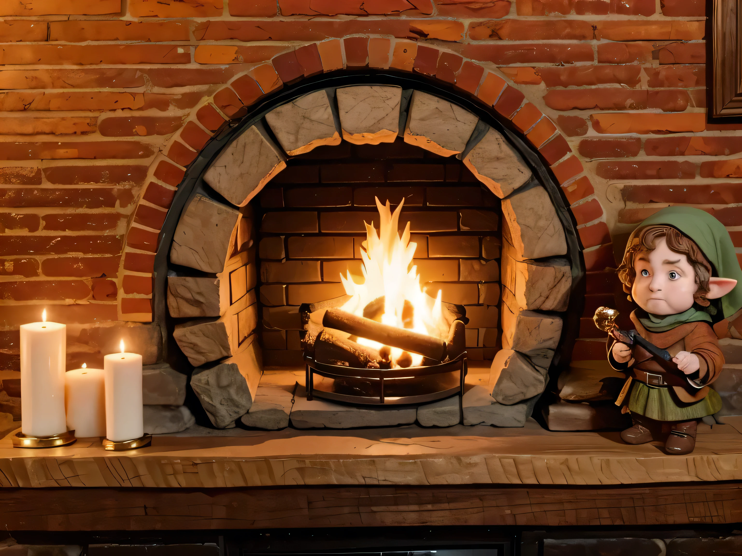 A cozy medieval stoned ROUNDED hobbit fireplace, a little statue of smeagle, a little statue of hobbit holding a sword, a hobbit LOR candle with ring, a cozy hobbit dor addornment, fantasy, magic, 8k quality