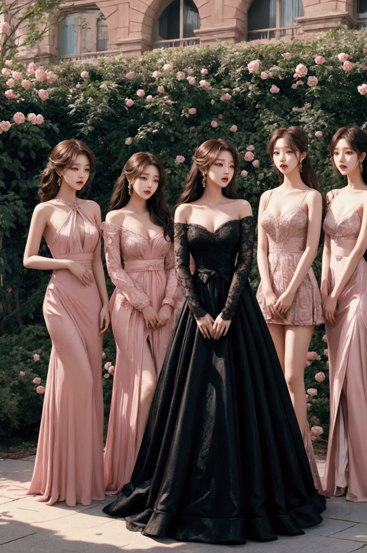a kpop group with 5 girls in a secret rose garden, they are wearing beautiful clothes