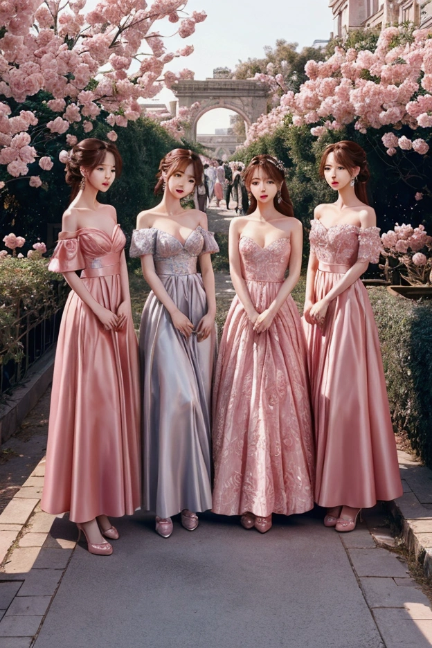 a kpop group with 5 girls in a secret rose garden, they are wearing beautiful clothes