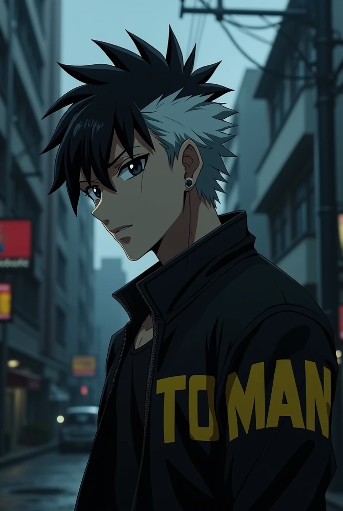 Screenshot from anime Tokyo Revengers. man, light skin, medium long hair wolf cut style color one half black and the other white, black eyes a little tired and attractive. wears a toMan uniform, black with yellow letters, profile posture. background of a dark street. films studio, Season 3.