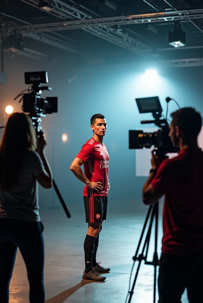 Cristiano Ronaldo Filming Content: An image of Cristiano Ronaldo recording a video for YouTube, surrounded by studio lights and professional cameras.