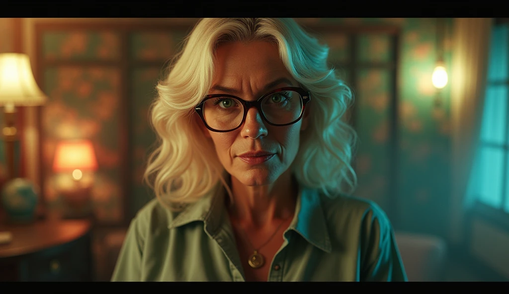 As the camera pans around the room, the magical bokeh of lights creates a dreamy atmosphere. In the center of the room, There is a 60 year old milf goddess with big glasses and wavy blonde hair, big mouth, full lips and green eyes. She wears a shirt with a generous neckline, drawing attention to her large breasts., adding a touch of mystery to its already intriguing presence. its intricate details contribute to the overall cinematic feel of the scene.