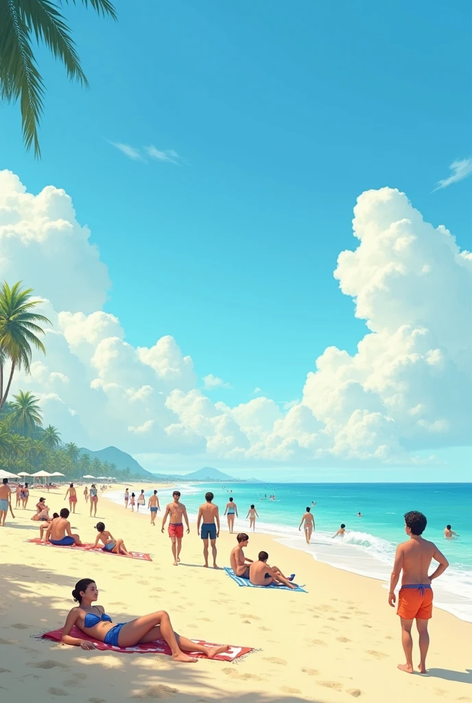 A landscape of a beach in the sunny midday,with people bathing in 4k