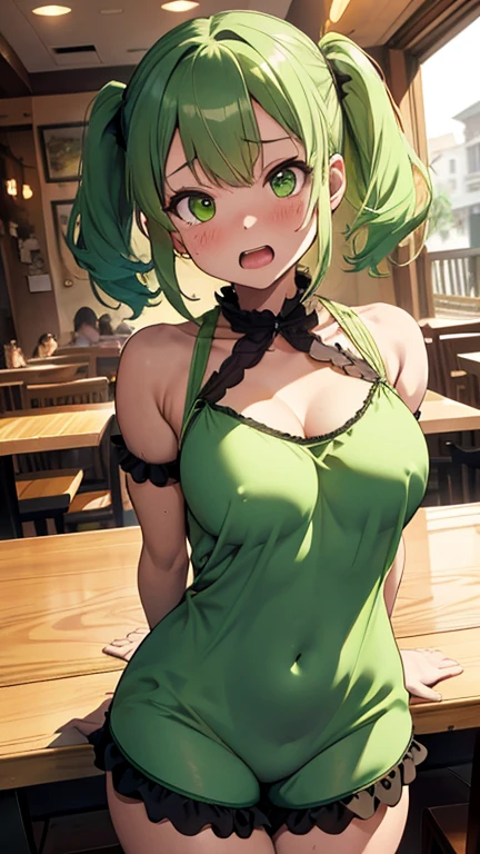 mastute piece,Best Quality,insanely detailed,8k cg,nsfw,
(shoot upper body:1.3),
(1girls:1.3),standing,looking at viewr,body in front,(arms behind back:1.4),(light green waitress costume:1.4),(bare breasts:1.2),break,
blush,shy,(ecstasy face),(trembling:1.2),break,(light green hair:1.2),
break,
perfect breasts,perfect teats,(open mouth:0.9),(large breasts:1.2),
(restaurant:1.1),