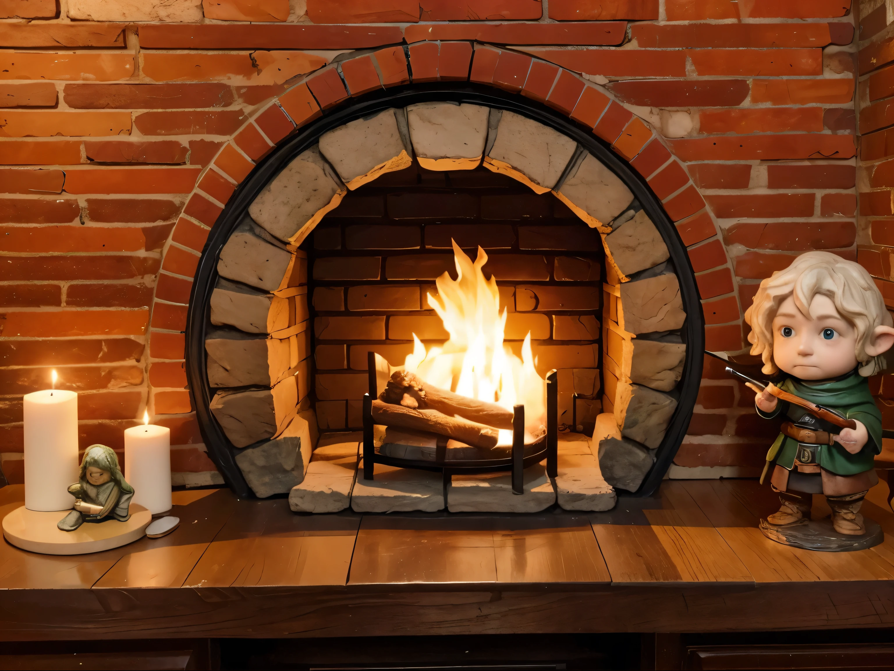 A cozy medieval stoned ROUNDED hobbit fireplace, a little statue of smeagle, a little statue of hobbit holding a sword, a hobbit LOR candle with ring, a cozy hobbit dor addornment, fantasy, magic, 8k quality