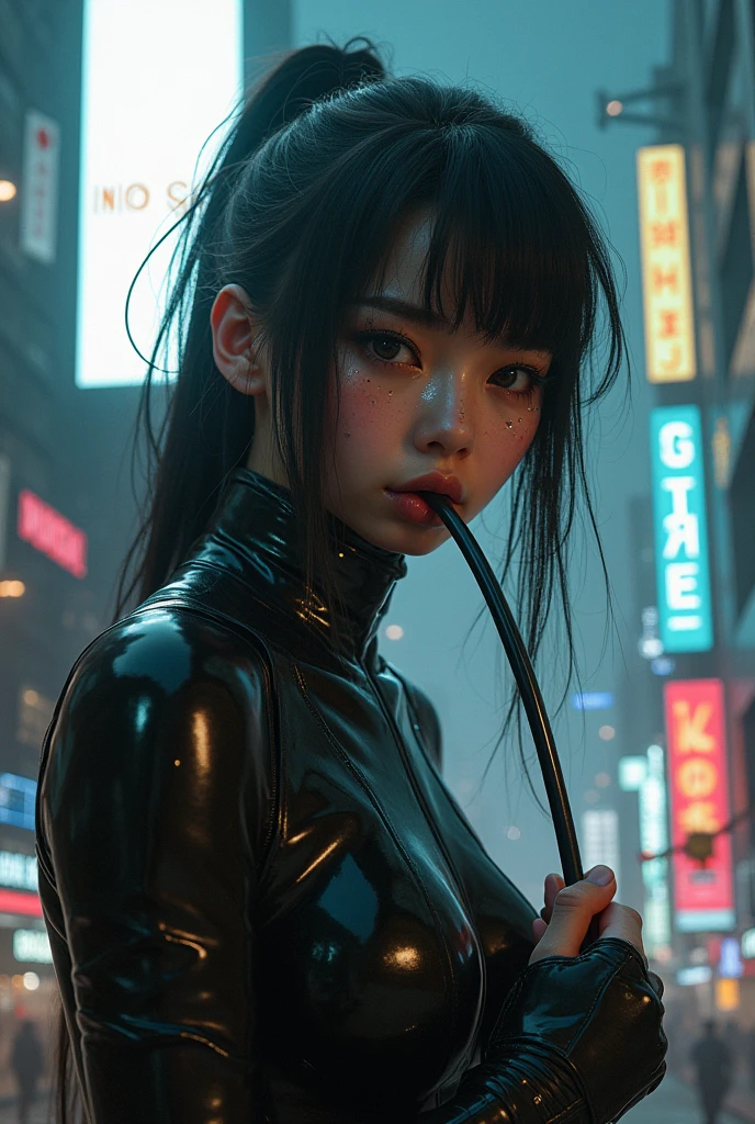 Cyber Minami Hamabe Sweat Catsuit Big Face , Biting a cable, behind her a building with a large screen that says no signal, en una ciudad futurista distopia