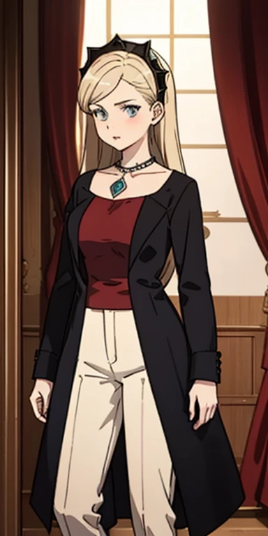 Hilda Greyrat usually wears a white long-sleeved shirt and white pants., all under a dark blue tunic