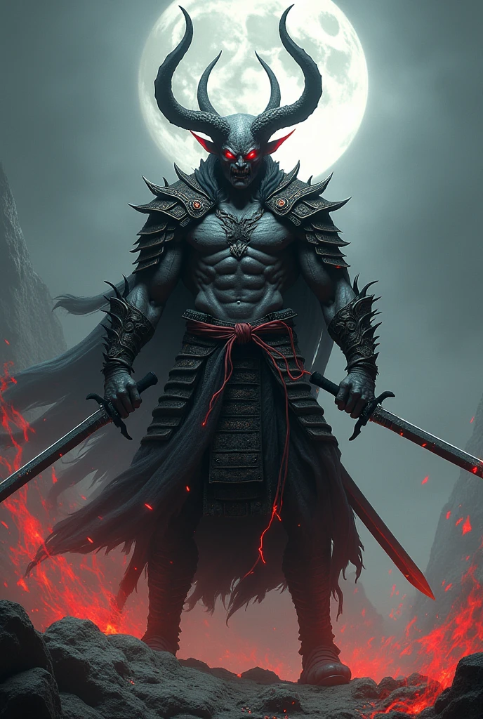 create the image of a hellish being, a demon with 4 arms and 4 swords, two on your waist and two on your back. he has gray skin, 4 horns and magic emanates from his body, he wears clothes similar to those of a samurai. He has no wings and his appearance is a hybrid of demon and human.