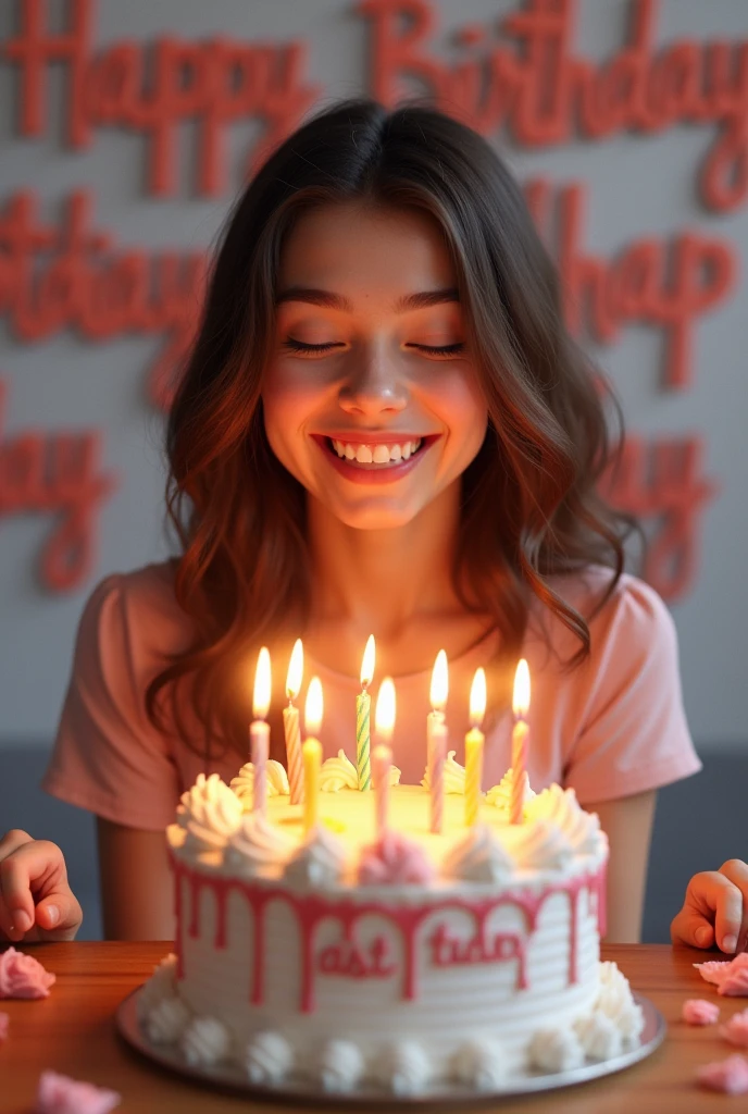((best quality)), ((masterpiece)), (detailed), perfect face
Cute pretty good  girl happy birthday Infront of cake .into the cake HAPPY BIRTHDAY TASIN.background text her name HAPPY BIRTHDAY TASIN 