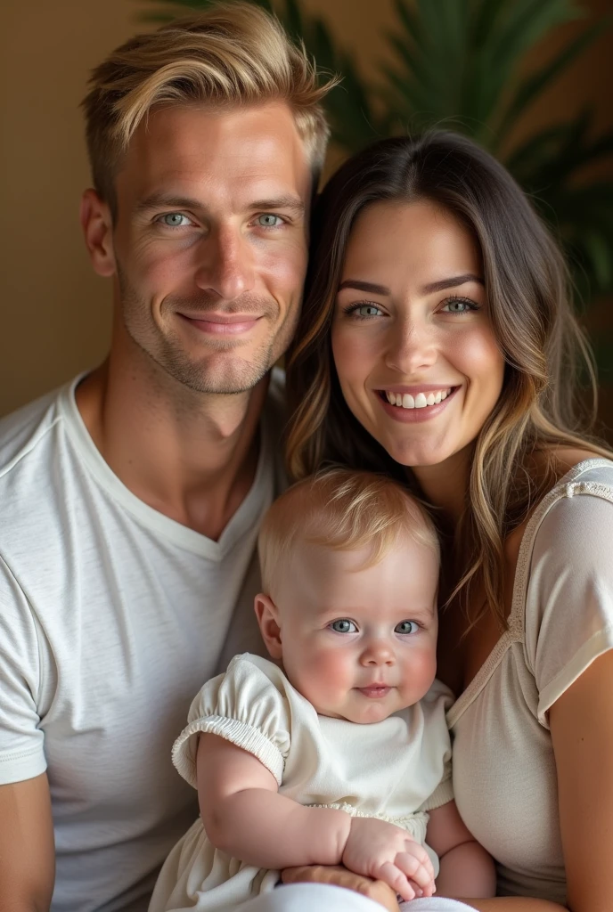 photograph of a couple with 2 children , where the husband is white, blue eyed blondes, Italian with a good physique and good care, with a white European wife with straight dark hair, a 3 month old white baby daughter, with green eyes and straight blonde hair, a 13 year old black son, tall and dressed in a streetwear style