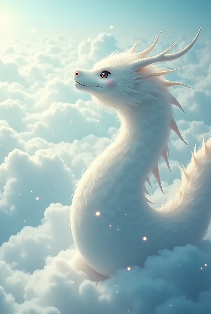 masterpiece, Highest quality,Japan Dragon God、white dragon、smiling gently、With fluffy fur。The face is facing upwards and rising towards the sky。The background is a sea of clouds。No wings、Sparkling and kind eyes、The whole body is visible、Long and slender body