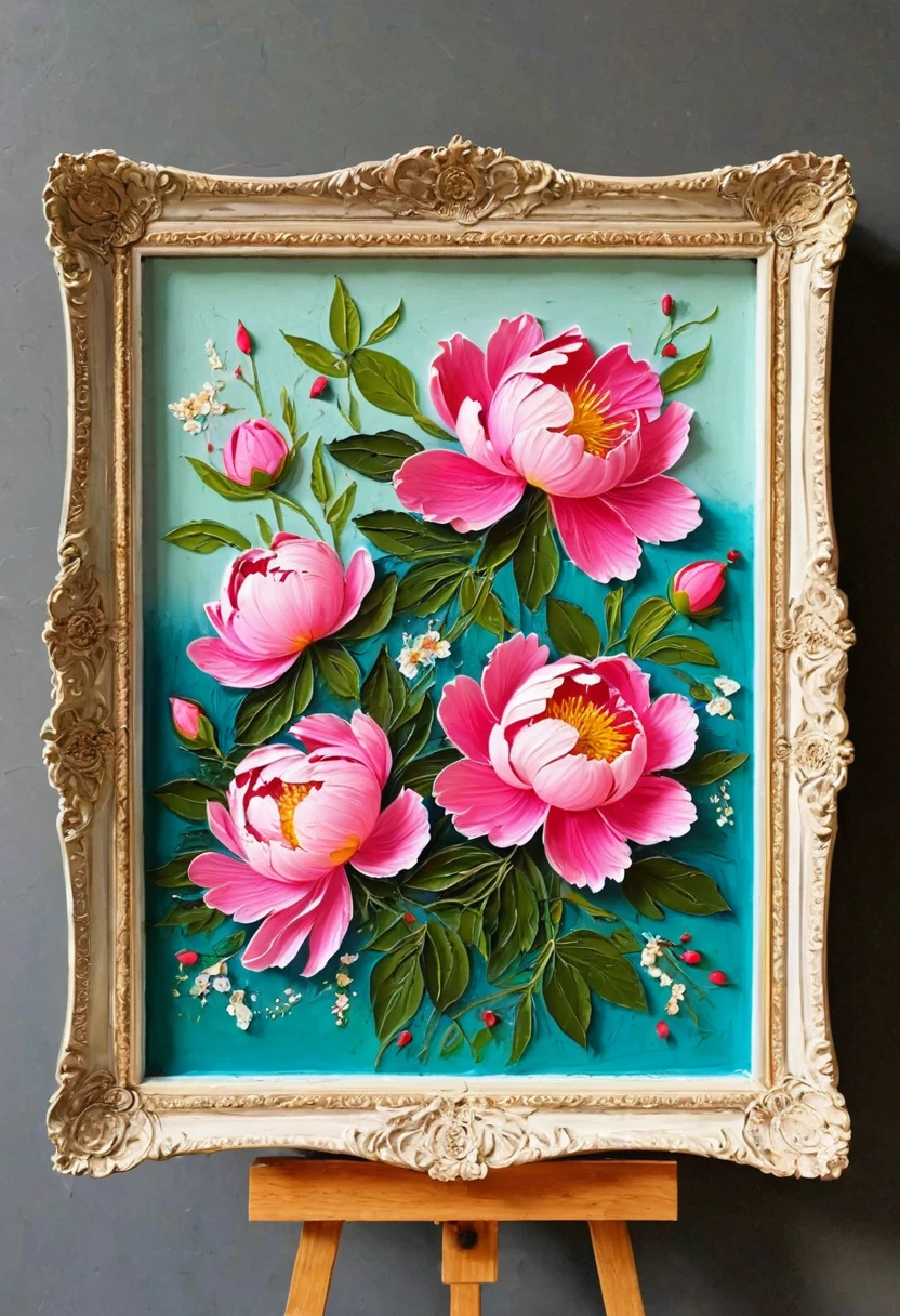 A painting in a white plaster frame on an easel:(((Soft tones,Chalk painting,Oil stick painting,flight,Thick coating,Uneven texture,Plaster texture,Graffiti)))。Korean style framed decorative painting,3D Decorating,French style peony flower