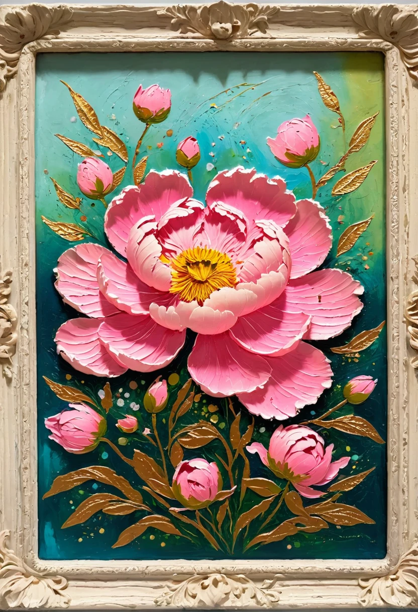 A painting in a white plaster frame on an easel：(((Soft tones，Chalk painting，Oil stick painting，flight，Thick coating，Uneven texture，Plaster texture，Graffiti)))。Korean style framed decorative painting，3D Decorating，French style peony flower