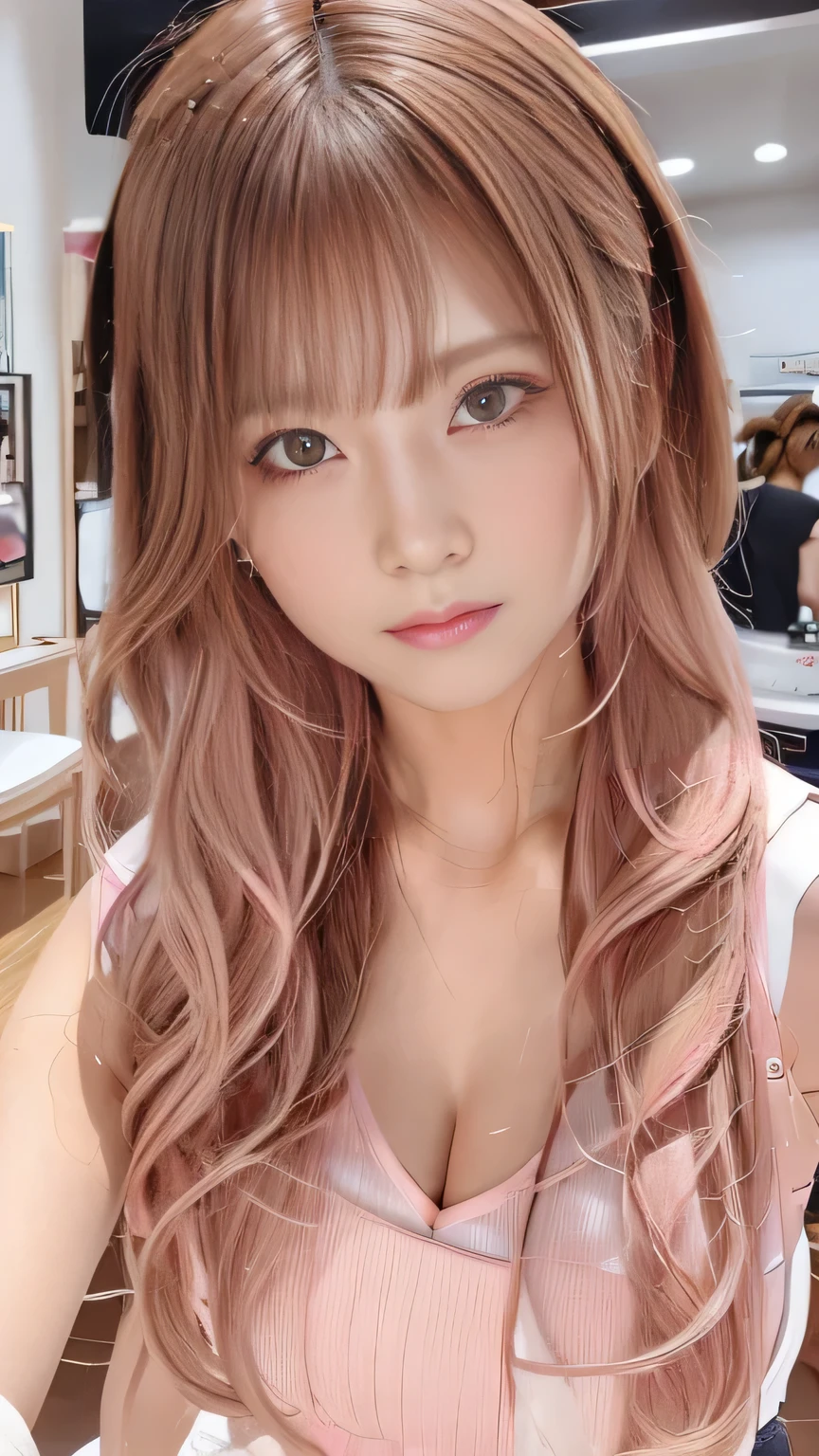 hair color: pink　model　woman　Long Hair　Sleeveless　pink clothes　diagonal　Selfie　diagonal上　Selfie　summer　