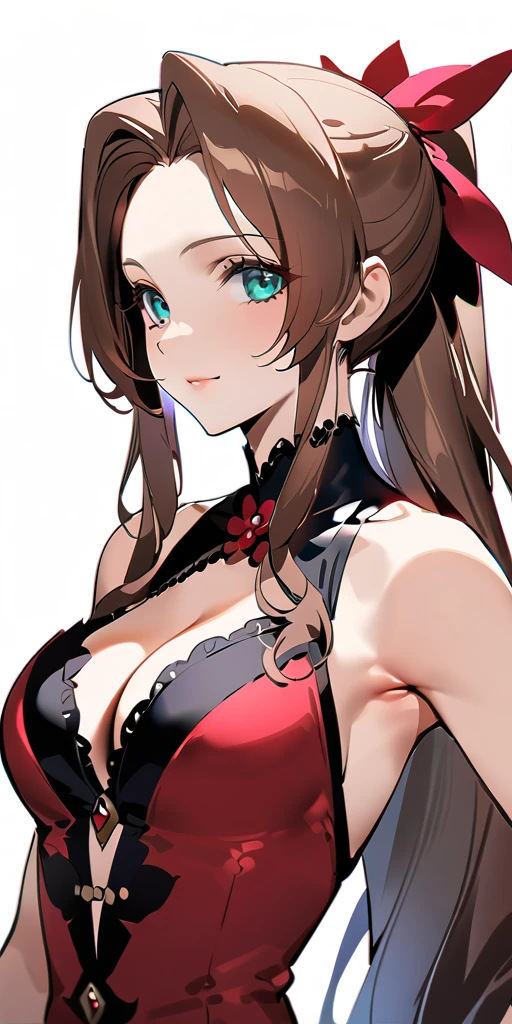 (((((Aerith Gainsborough:1.2)))))、,((Highest quality、masterpiece、anime style、best quality、high resolution、8k、detailed、ultra-detailed:1.3))、Long legs:1.2, Beautiful woman with perfect figure:1.4、(Smiling:1.2), double eyelid、30-year-old female、((((One Woman,beautiful face,Beautiful face,upper body:1.5)))),Big Breasts、High resolution, accurate, Anatomically correct, High-resolution model, high quality, Very detailed, Ultra high definition、Black Hair、Straight Hair、Long Hair、cabaret girl, hostesses,(((Evening Gowns,dress、Luxury、bedroom )))、((三つ編み、ポニーテール:1.5))