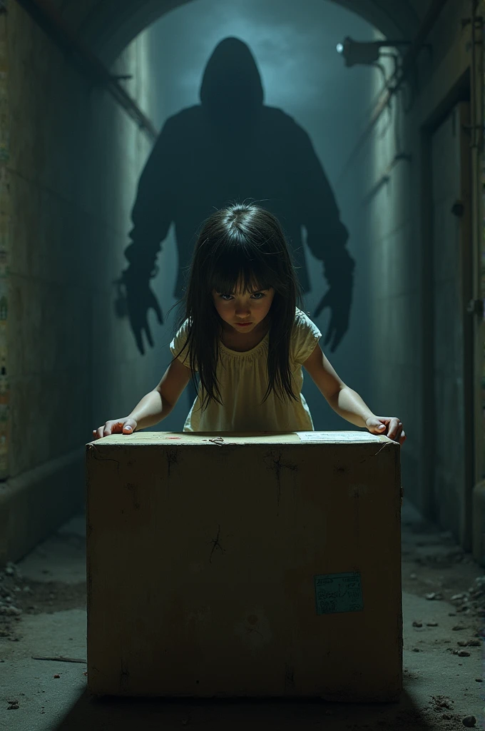 Make a realistic image of a girl in a basement leaning over about to open a large box behind her, about 2 meters away you can see a shadow of a human silhouette, the atmosphere is terrifying