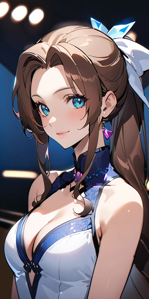 (((((Aerith Gainsborough:1.2)))))、,((Highest quality、masterpiece、anime style、best quality、high resolution、8k、detailed、ultra-detailed:1.3))、Long legs:1.2, Beautiful woman with perfect figure:1.4、(Smiling:1.2), double eyelid、30-year-old female、((((One Woman,beautiful face,Beautiful face,upper body:1.5)))),Big Breasts、High resolution, accurate, Anatomically correct, High-resolution model, high quality, Very detailed, Ultra high definition、Black Hair、Straight Hair、Long Hair、cabaret girl, hostesses,(((Evening Gowns,dress、Luxury、bedroom )))、((三つ編み、ポニーテール:1.5))