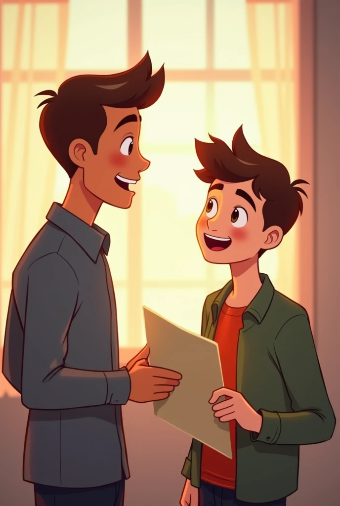 Animated young man says goodbye to his male friend while smiling and continuing to work on his list.