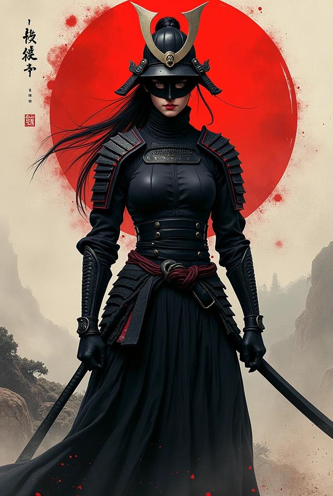 samurai woman on a jing jung background in black and red colors