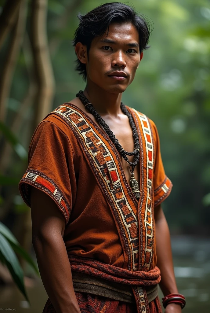 Show me a man between 20 and 30 years old from the Shipibo Konibo culture and his clothing, which is a tunic with a kené texture in the form of squares.