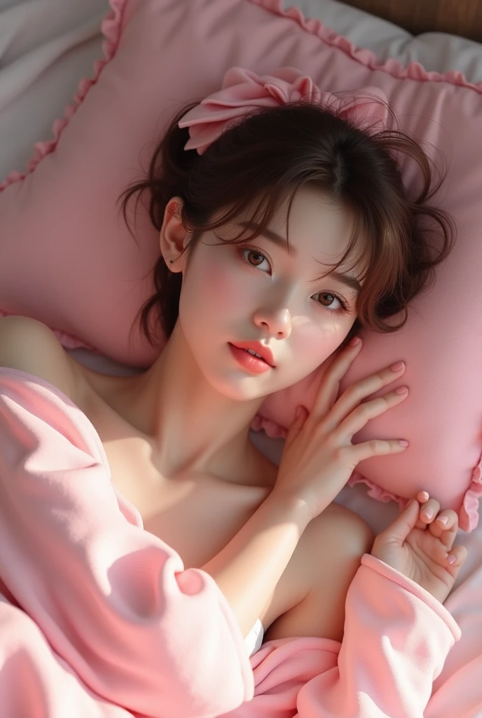 a man with ateez jeong yunho face claim detailed, soft and cute features, oval face, doe eyes, round pink lips, pale skin, feminine 
face features, detailed features, laying on a bed, dressed in pink clothes and a pink bow on his brown hair, slim body and plane chest