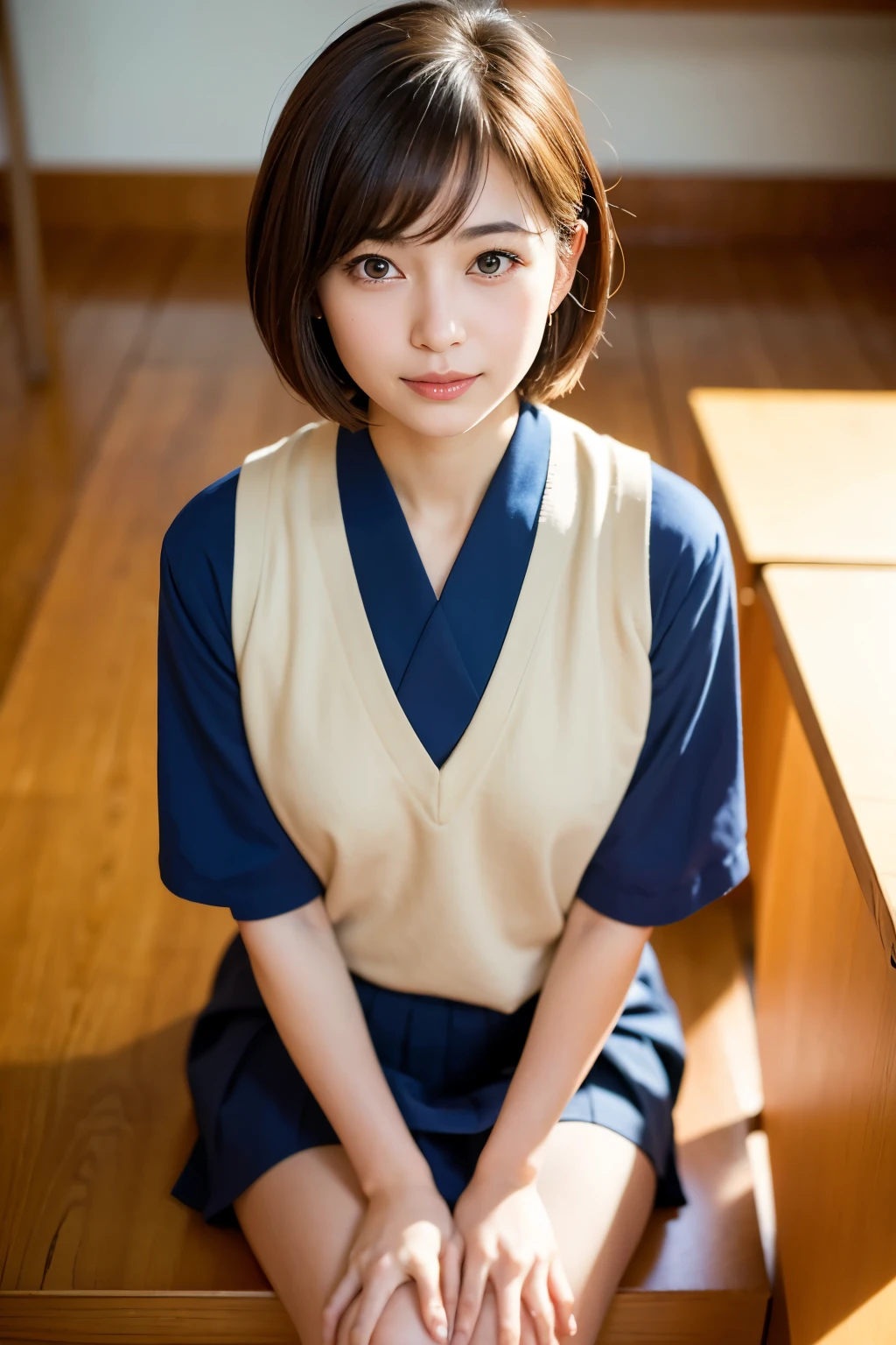 Highest quality, Face Focus, Soft Light, Ultra-high resolution, (Realistic:1.4), RAW Photos, 1 Japan, alone, cute, (A shy smile:0.5), (Brown eyes, Light in your eyes), Beautiful face in every detail, (Small box),(High resolution detail of human skin texture), (Short Bob Hair), break, In the classroom,Navy uniform, Best, skirt