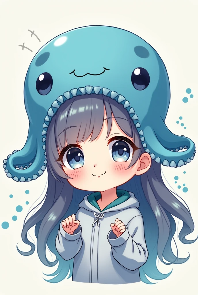 Cute girl, wearing an blue octopus hat, 2d , chibi, long hair