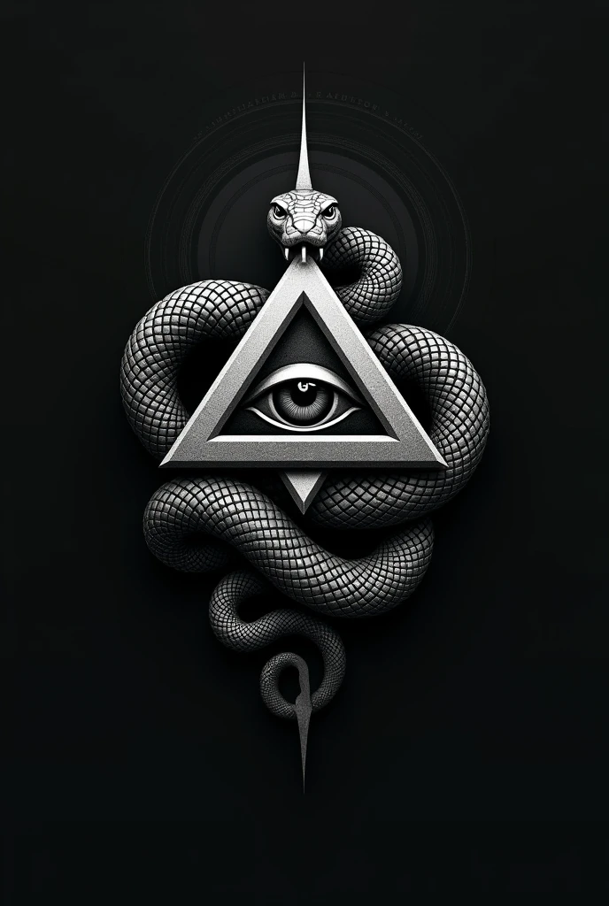 Create a logo, Pyramid with an eye in its center, snake coiled around the pyramid. Silver and black color. that&#39;s all, with nothing in the background. The snake has its head on top of the top of the pyramid.
