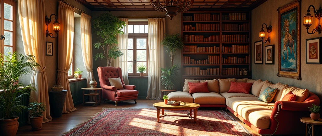 a cozy adventurer's living room filled with artifacts and mementos from around the world, detailed wooden furniture, handwoven tapestries, brass and copper accents, glowing lanterns, plush textured rugs, potted plants, bookshelves overflowing with leather bound tomes, rays of warm sunlight through large windows, a sense of worldly exploration and cultural exchange especially Americas, India, Africa, Europe, middle east