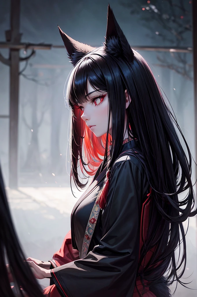 beautiful girl with long black hair, red eyes, black fox ears and a black fox tail, wearing a japanese school uniform, hyperrealistic, highly detailed, 8k, photorealistic, intricate, cinematic lighting, dramatic lighting, moody atmosphere, warm color palette, cinematic pose, elegant, mystical, magical, fanciful, ethereal, fantasy art