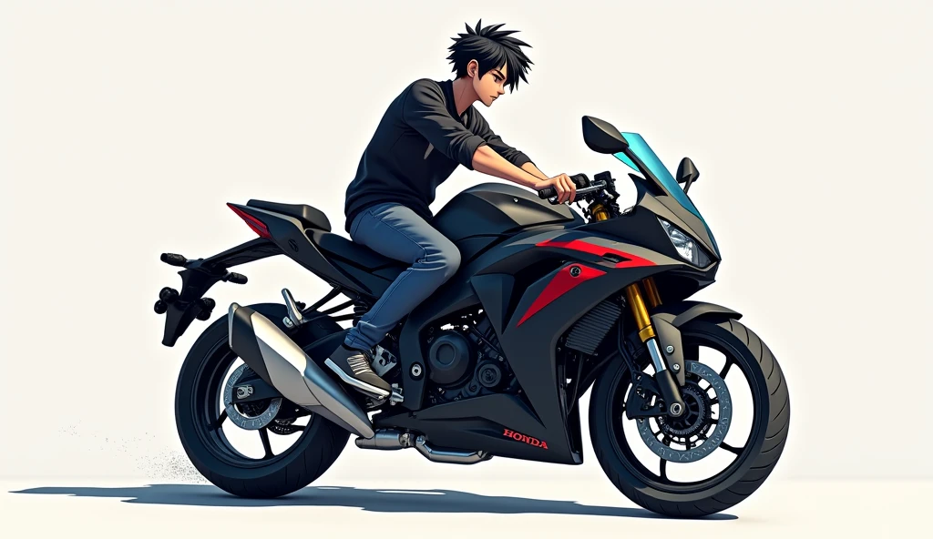 3D anime illustration, 20 year old young man, thin, 1.80 meters tall, with his black Honda sport cb1500cc motorcycle, the starter motor is on.
Honda sport cb1500cc motorcycle engine is on ready to go